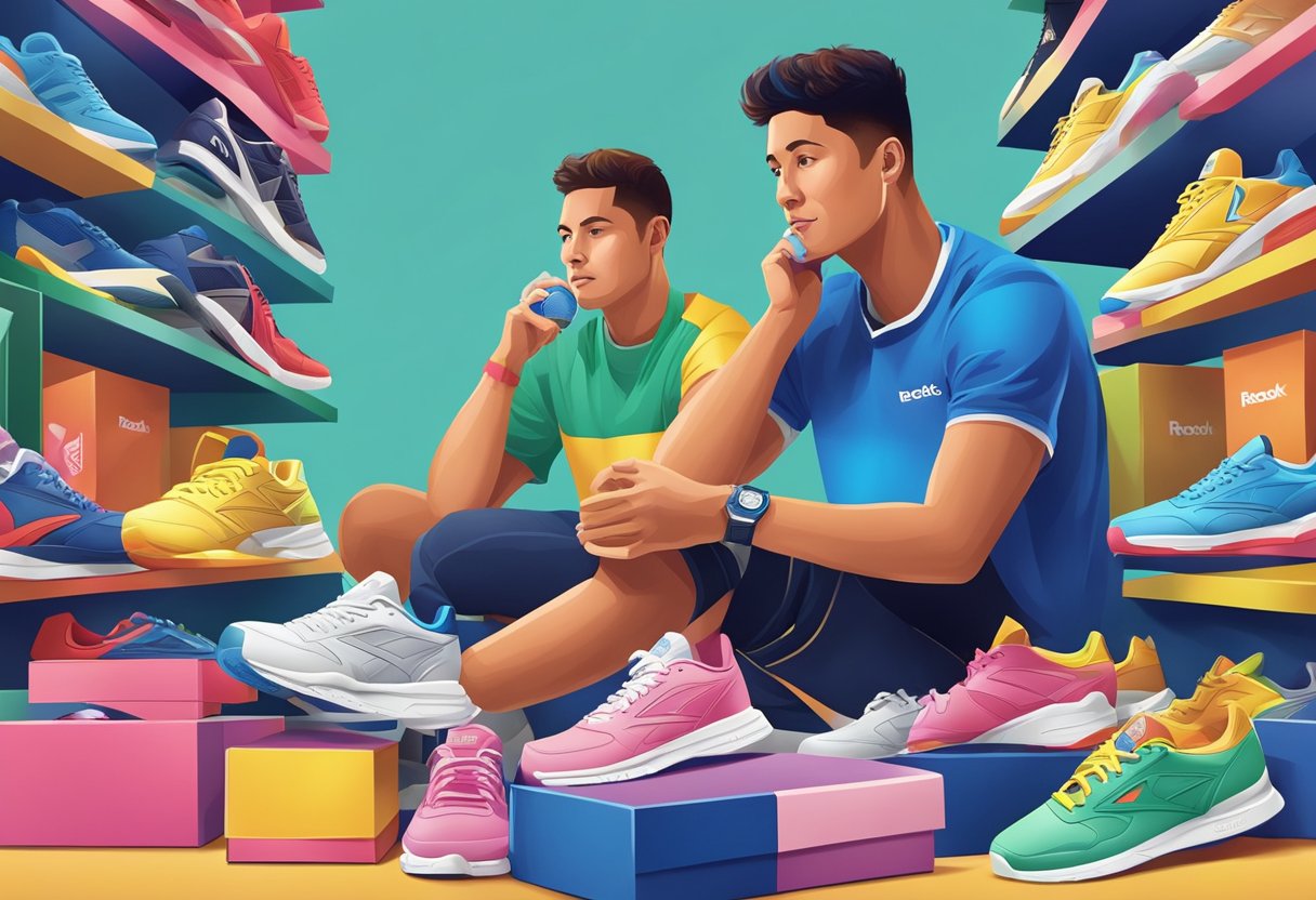 A stack of colorful Reebok shoe boxes surrounded by various sports equipment and a customer service representative answering questions