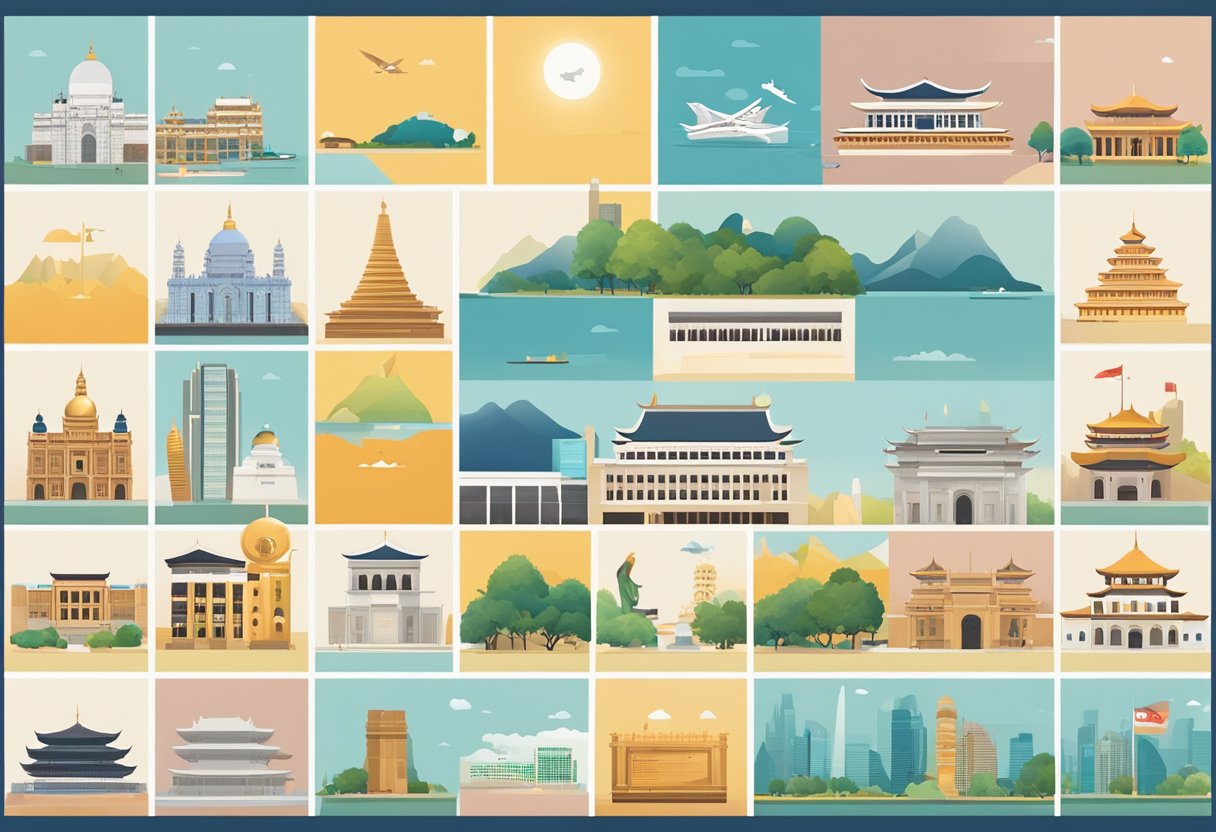 A calendar grid with dates, months, and public holidays displayed, surrounded by iconic Singapore landmarks and symbols