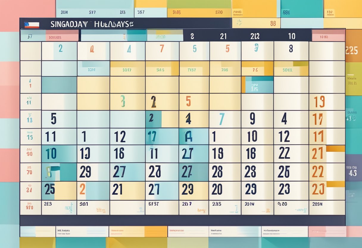 A colorful calendar with dates marked for public holidays and observances in Singapore