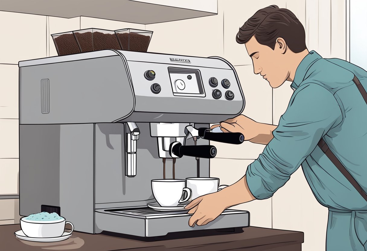 A hand reaches for the coffee machine, carefully cleaning the exterior with a damp cloth. The user then opens the machine to remove and clean the filter and brewing components, ensuring its longevity