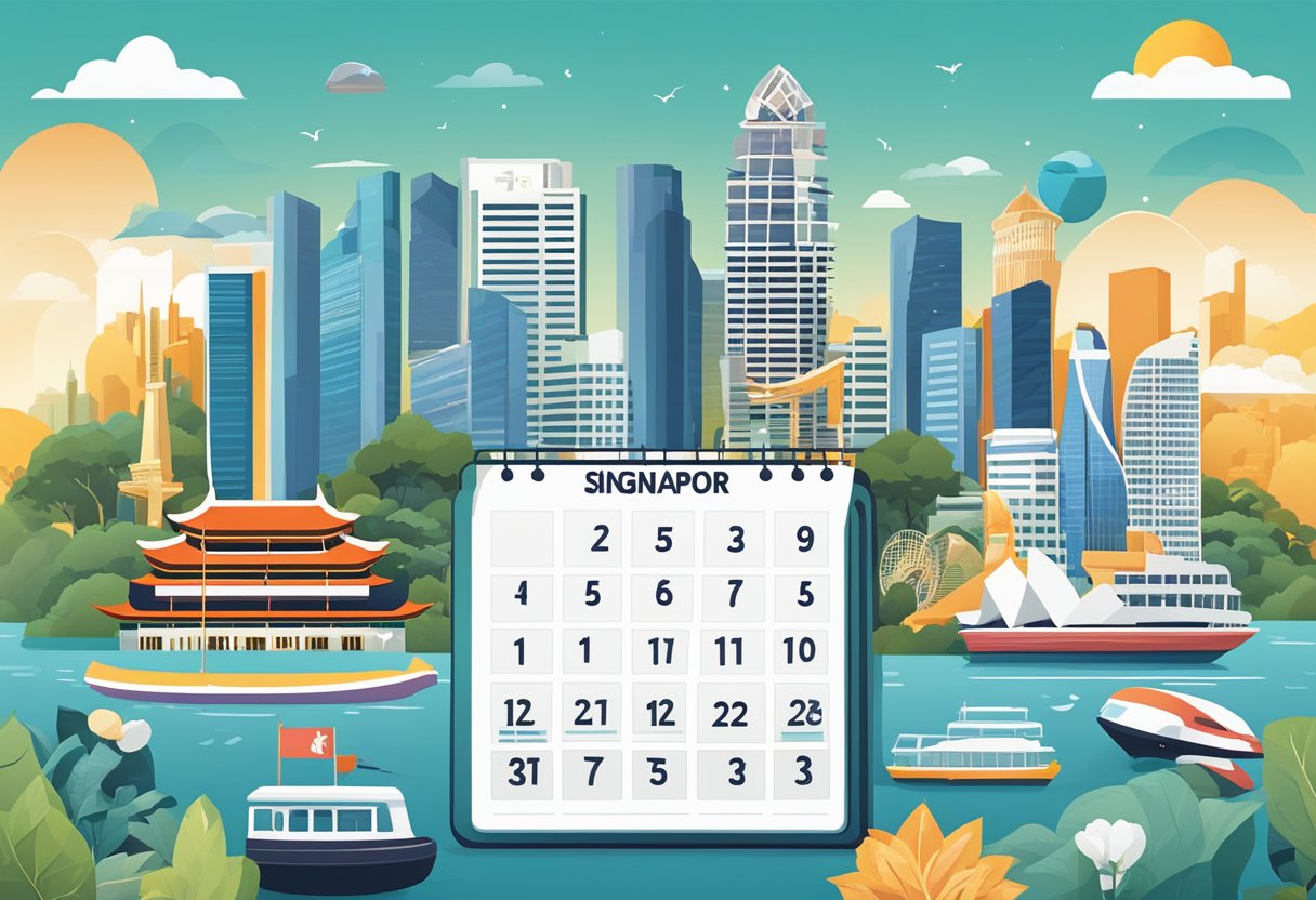 A calendar with "Frequently Asked Questions" in bold letters, set against a backdrop of iconic Singapore landmarks and symbols