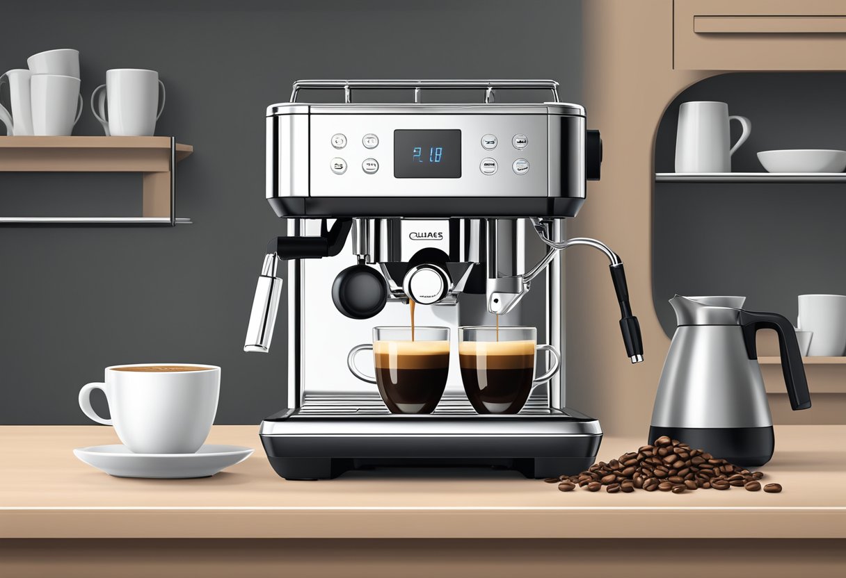 A modern coffee machine with a digital display and sleek design sits on a clean countertop, surrounded by mugs and bags of coffee beans