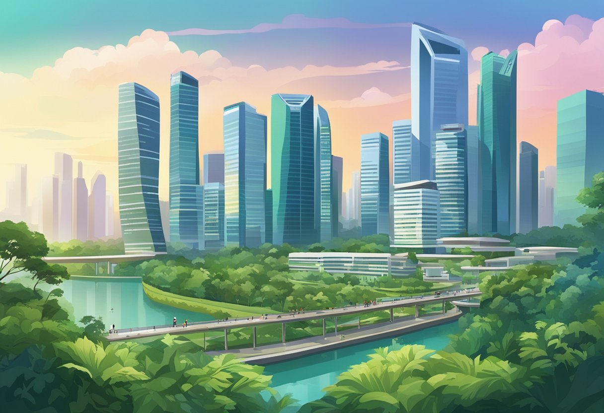 A bustling cityscape with modern skyscrapers and lush greenery, showcasing the vibrant urban landscape of Singapore
