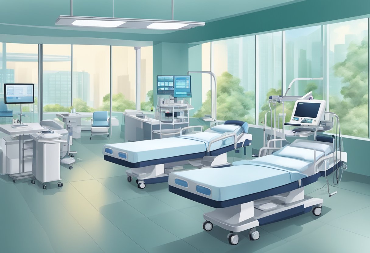 A modern hospital in Singapore with advanced medical equipment and a team of healthcare professionals providing care to patients