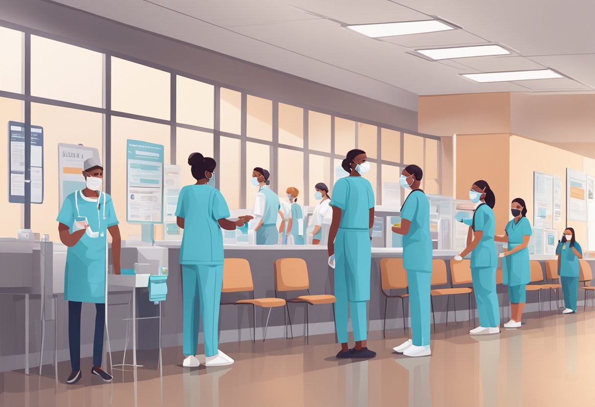 A vaccination center with people lining up, healthcare workers administering shots, and informational posters on COVID-19 management