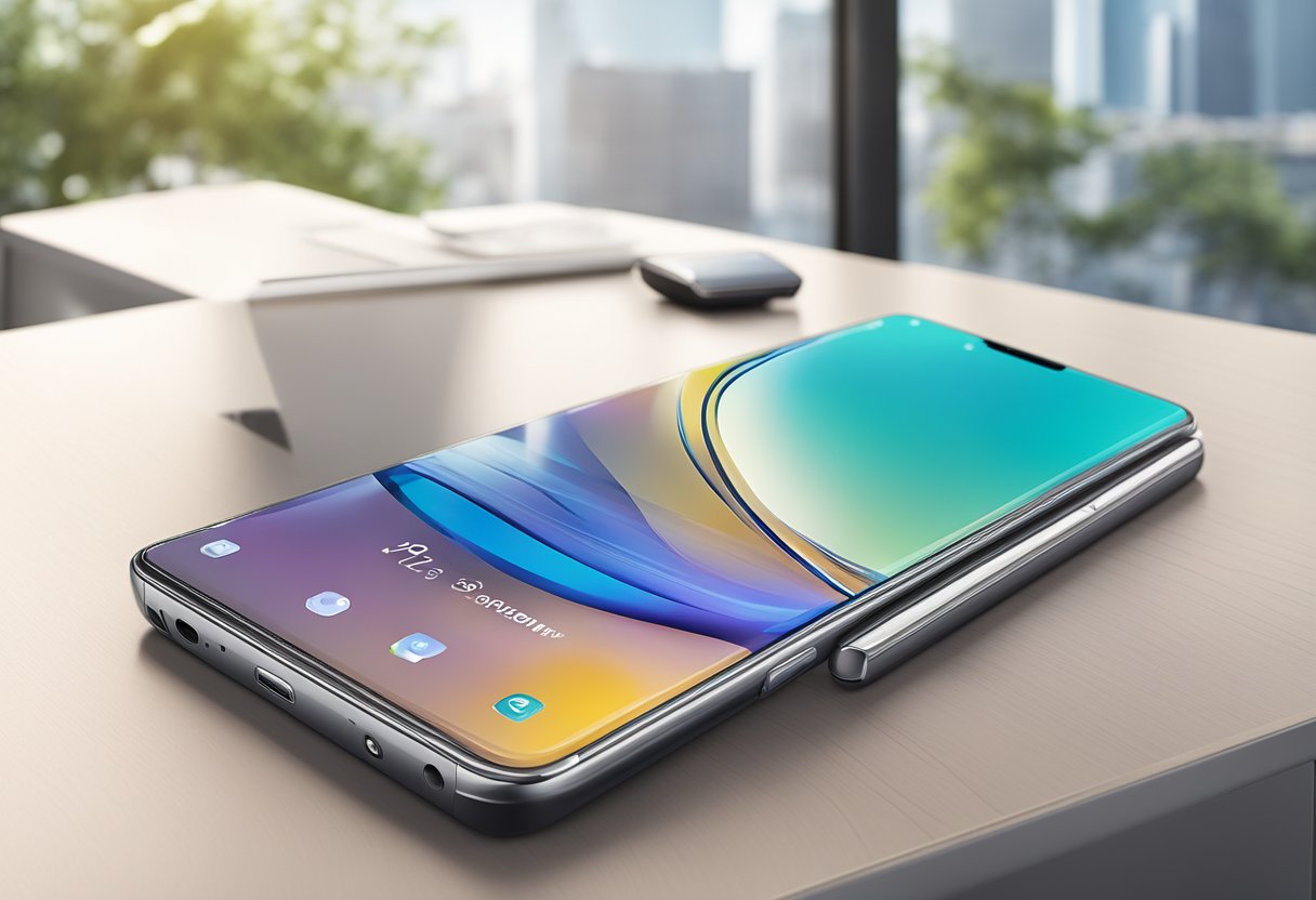 A Samsung mobile phone sits on a sleek, modern table in a bright, contemporary Singapore office