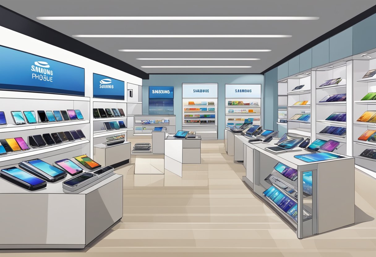 A display of Samsung mobile phones in a sleek Singaporean store. Bright, modern, and inviting