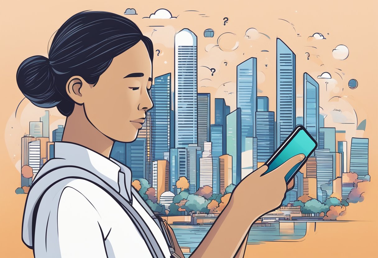 A person holding a Samsung mobile phone, with a Singapore cityscape in the background, surrounded by floating question marks