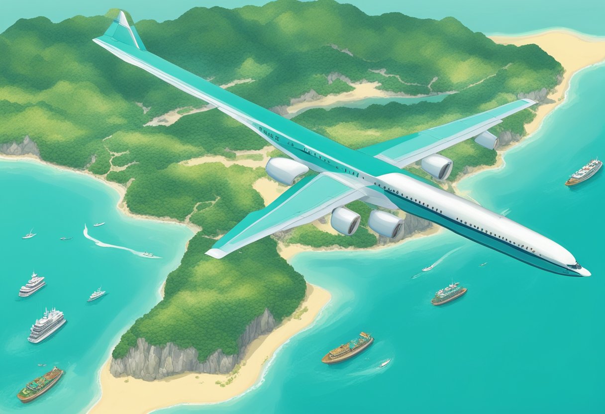 A plane flies over the turquoise waters from Singapore to Okinawa. Islands and boats dot the sea below