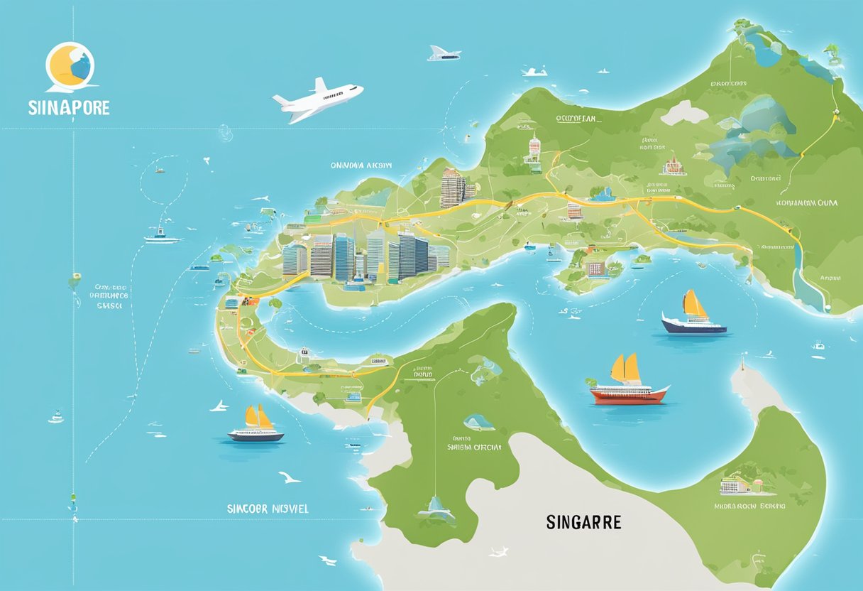A map of Singapore and Okinawa with highlighted travel route and landmarks