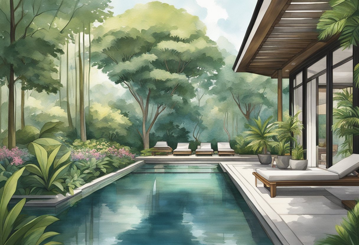 Lush greenery surrounds a tranquil pool at Como Shambhala Singapore, with a backdrop of modern architecture and serene ambiance