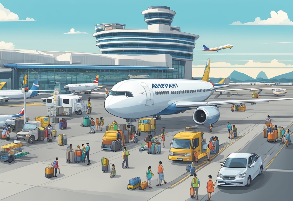 The airport terminal is bustling with travelers. A plane sits on the tarmac, ready for departure to Okinawa from Singapore. Baggage carts and ground crew are visible in the background