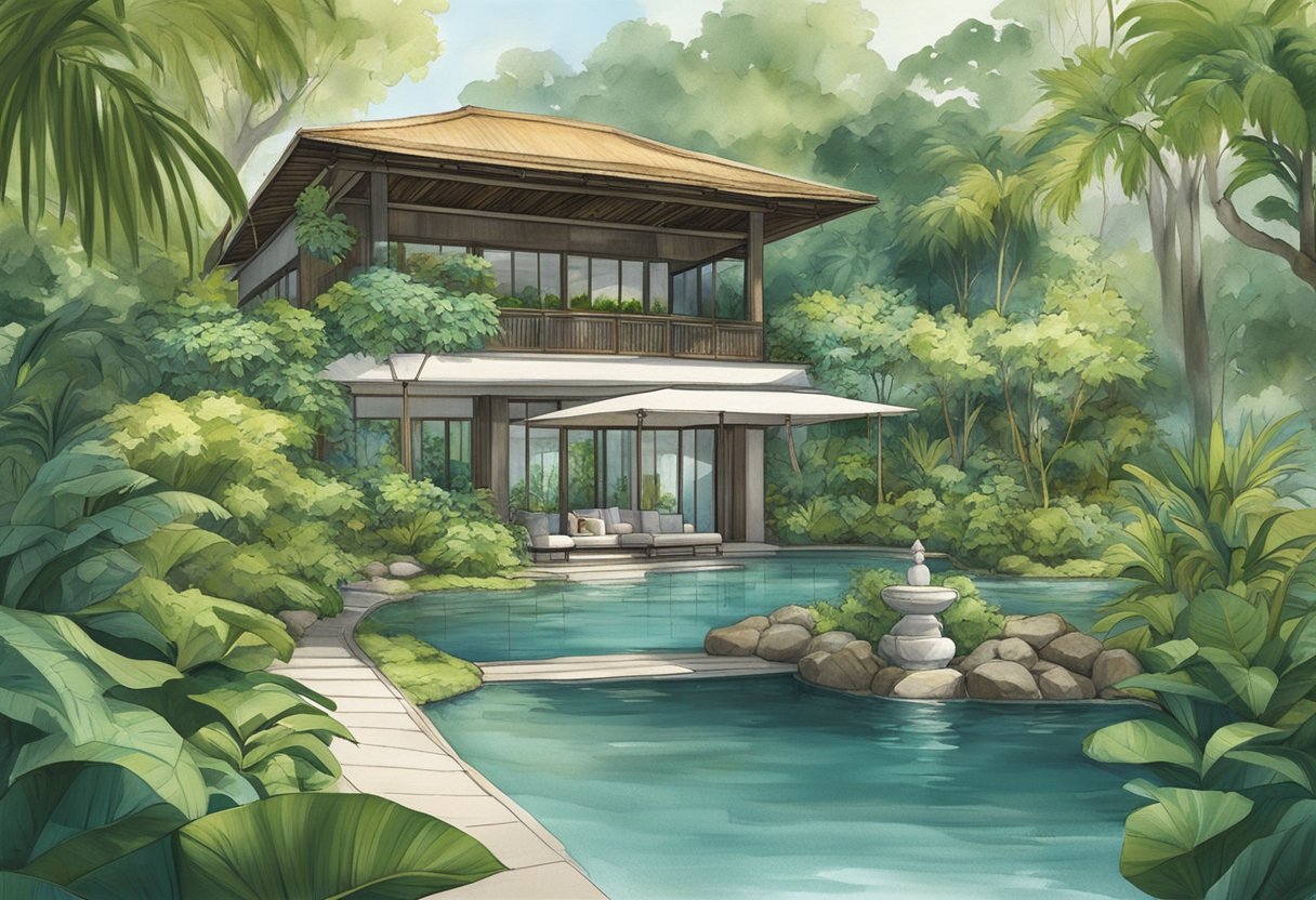 A serene tropical oasis with lush greenery and tranquil water features at Como Shambhala Singapore