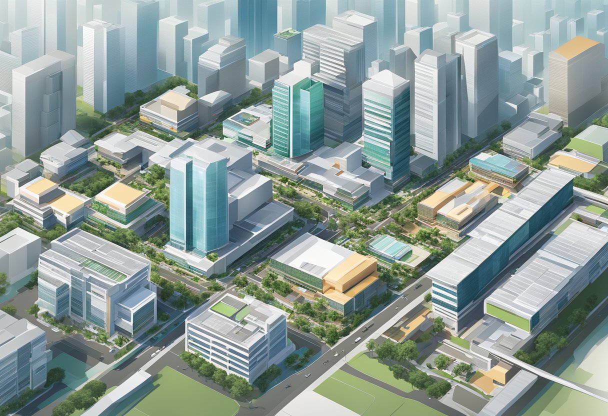 An aerial view of NTUC Singapore, showing the sprawling complex with its distinctive architecture and bustling activity