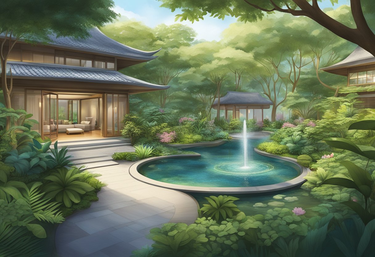 A serene garden with flowing water features and lush greenery, surrounded by tranquil meditation spaces and holistic wellness services at Shambhala Singapore