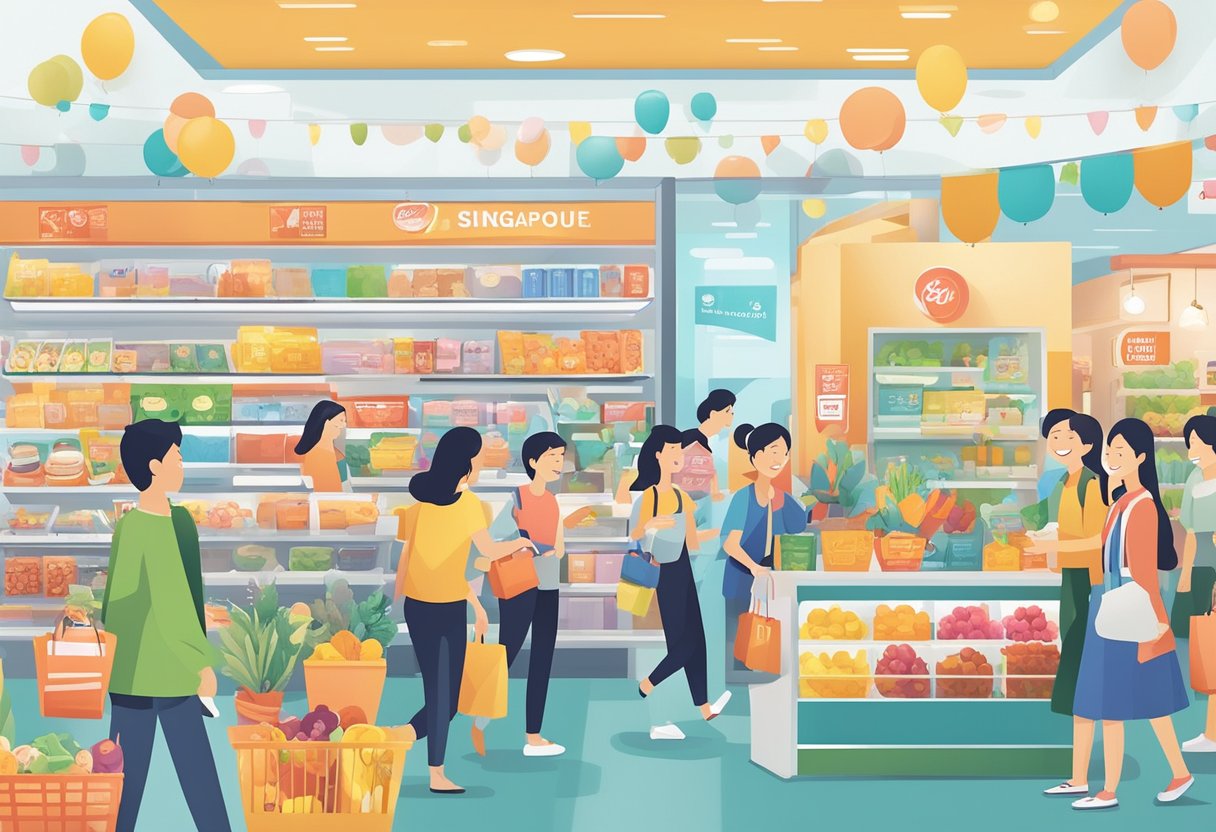 A group of people enjoying various benefits such as discounts, promotions, and exclusive deals at NTUC Singapore. The scene includes happy individuals shopping, dining, and participating in various activities