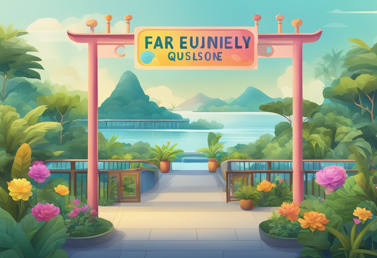 A colorful sign with "Frequently Asked Questions" stands in front of the serene landscape of Shambhala Singapore