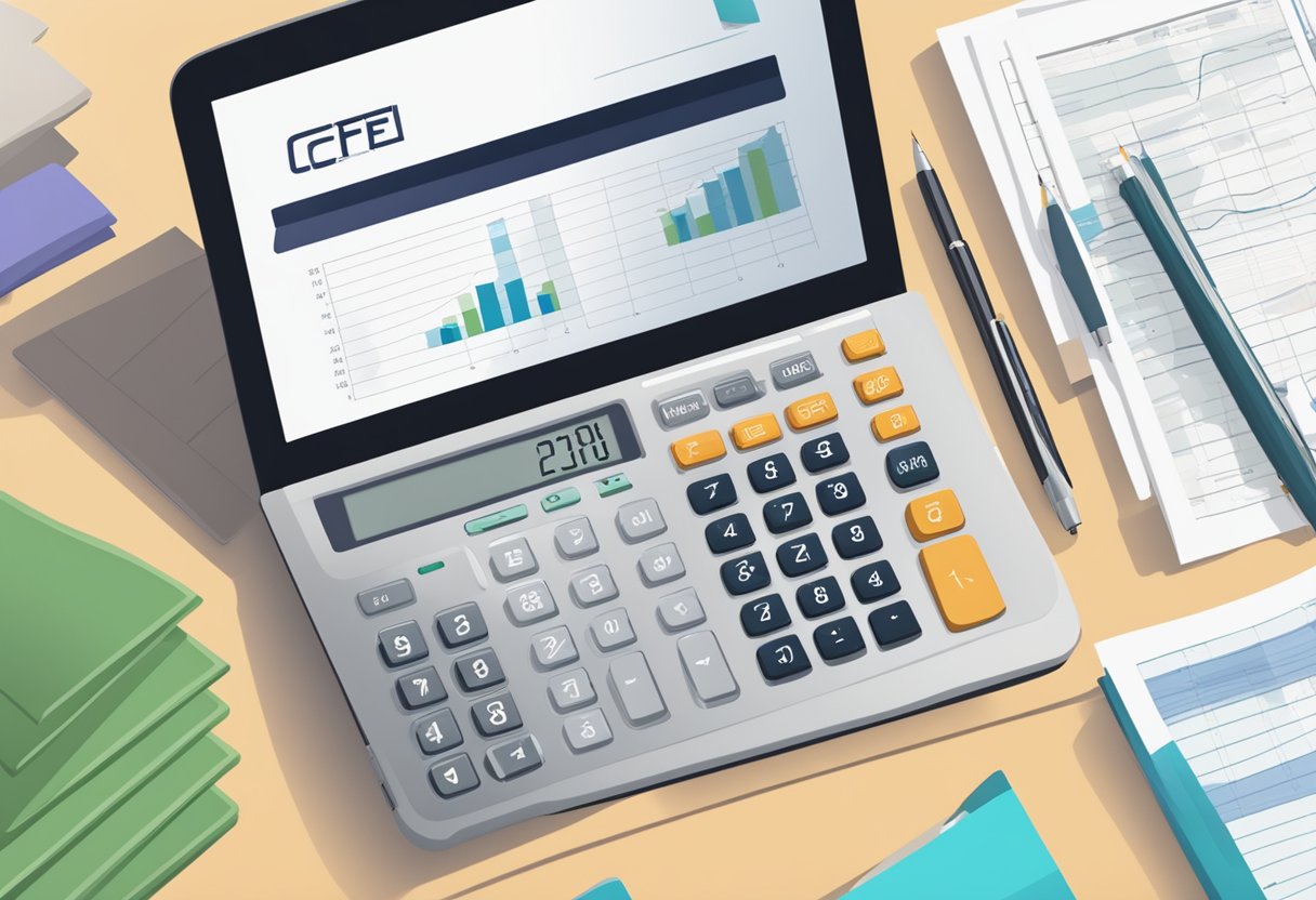 A calculator with the CPF logo displayed on the screen, surrounded by financial documents and a laptop on a desk