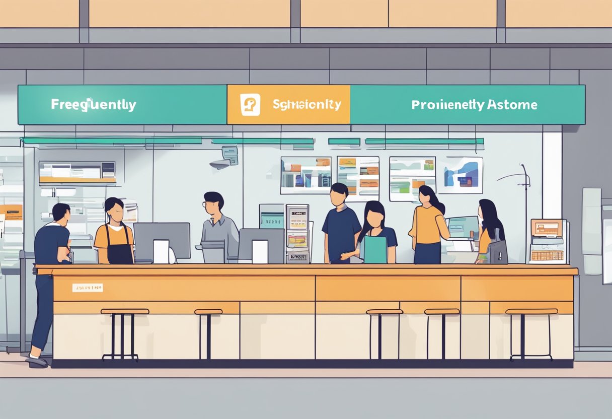 A busy customer service counter with people lining up, a sign reading "Frequently Asked Questions NTUC Singapore" prominently displayed