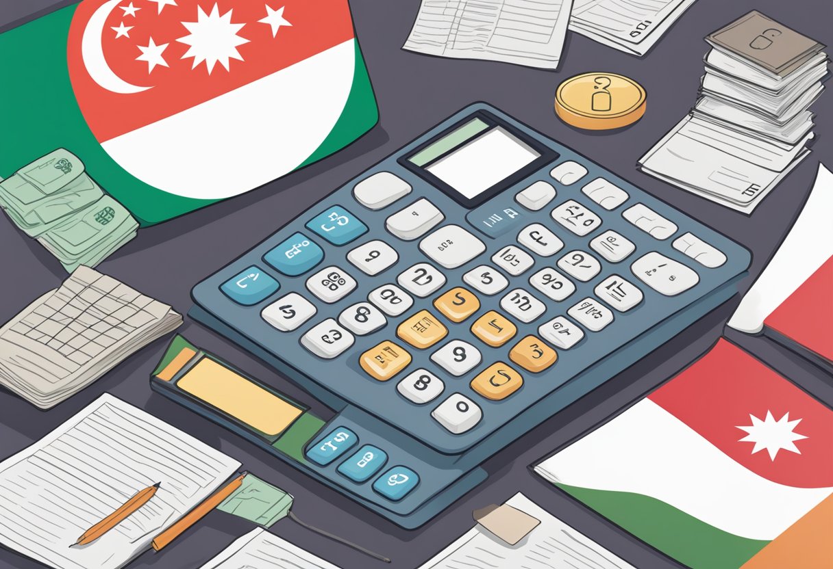 A calculator surrounded by CPF-related documents and a Singaporean flag