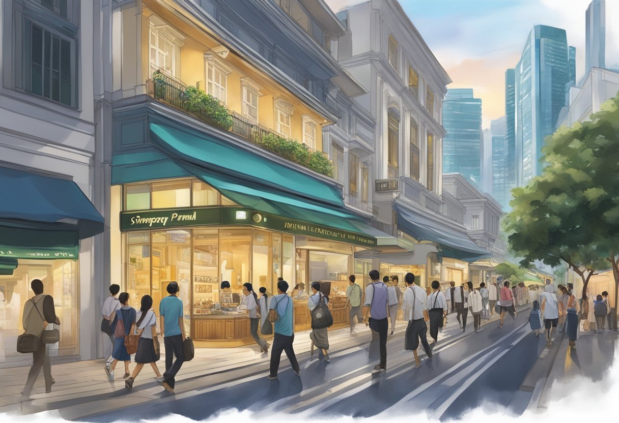 A bustling city street in Singapore, with a prominent Panerai storefront glowing in the evening light