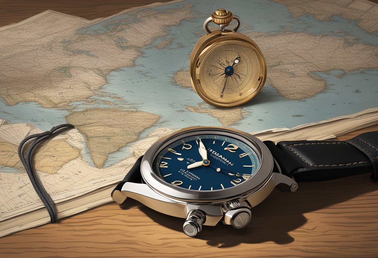A vintage Panerai watch sits on a weathered wooden desk, surrounded by old nautical maps and compasses. The soft glow of a desk lamp illuminates the scene, casting dramatic shadows on the textured surface