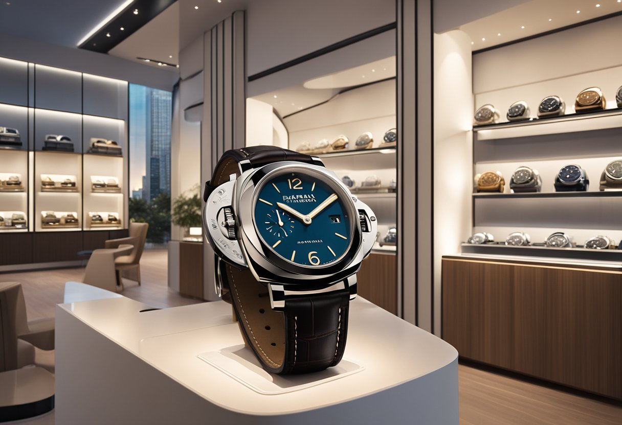 A luxurious Panerai watch displayed in a sleek, modern showroom in Singapore. The watch is showcased against a backdrop of elegant displays and sophisticated lighting
