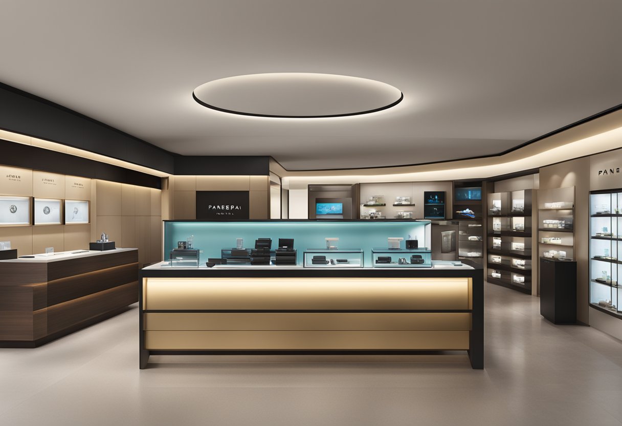 A sleek, modern watch boutique with Panerai branding, featuring a display of luxury timepieces and a customer service counter