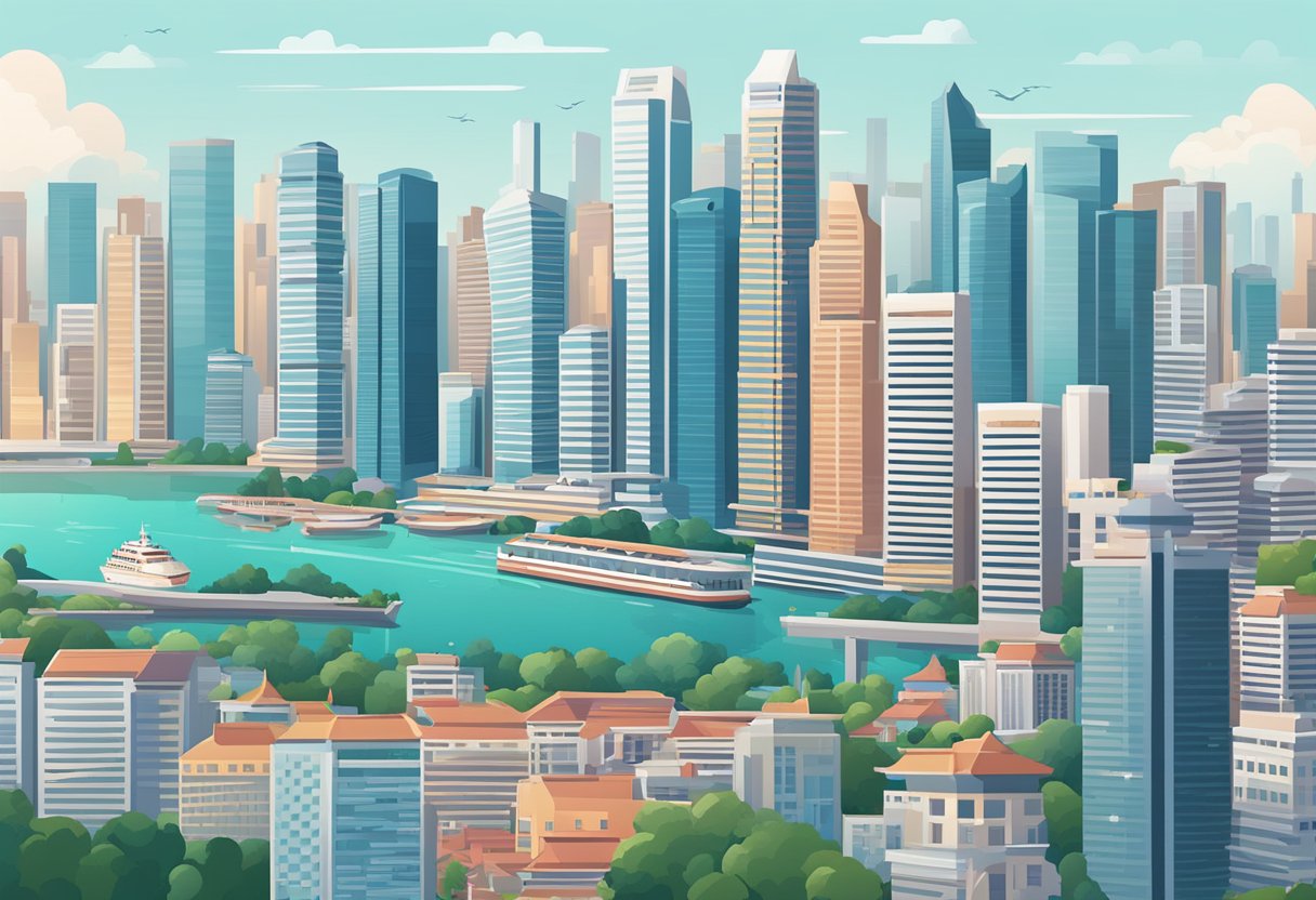 A bustling cityscape with the iconic skyline of Singapore, featuring the sleek and modern design of the Pixel 5 smartphone