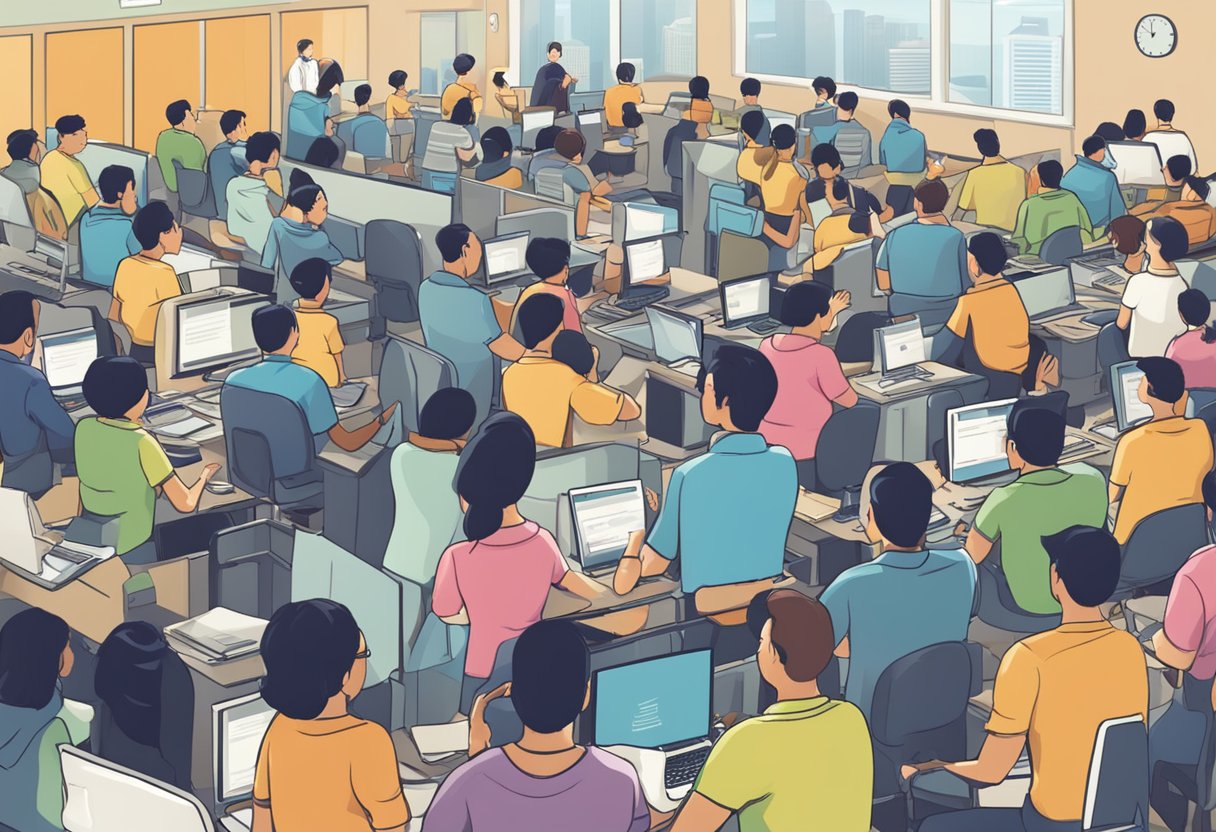 A crowded room with people asking questions at a help desk labeled "Frequently Asked Questions SMC Singapore."