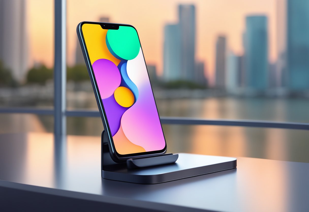 A sleek Pixel 5 phone sits on a modern display stand in a vibrant Singaporean setting