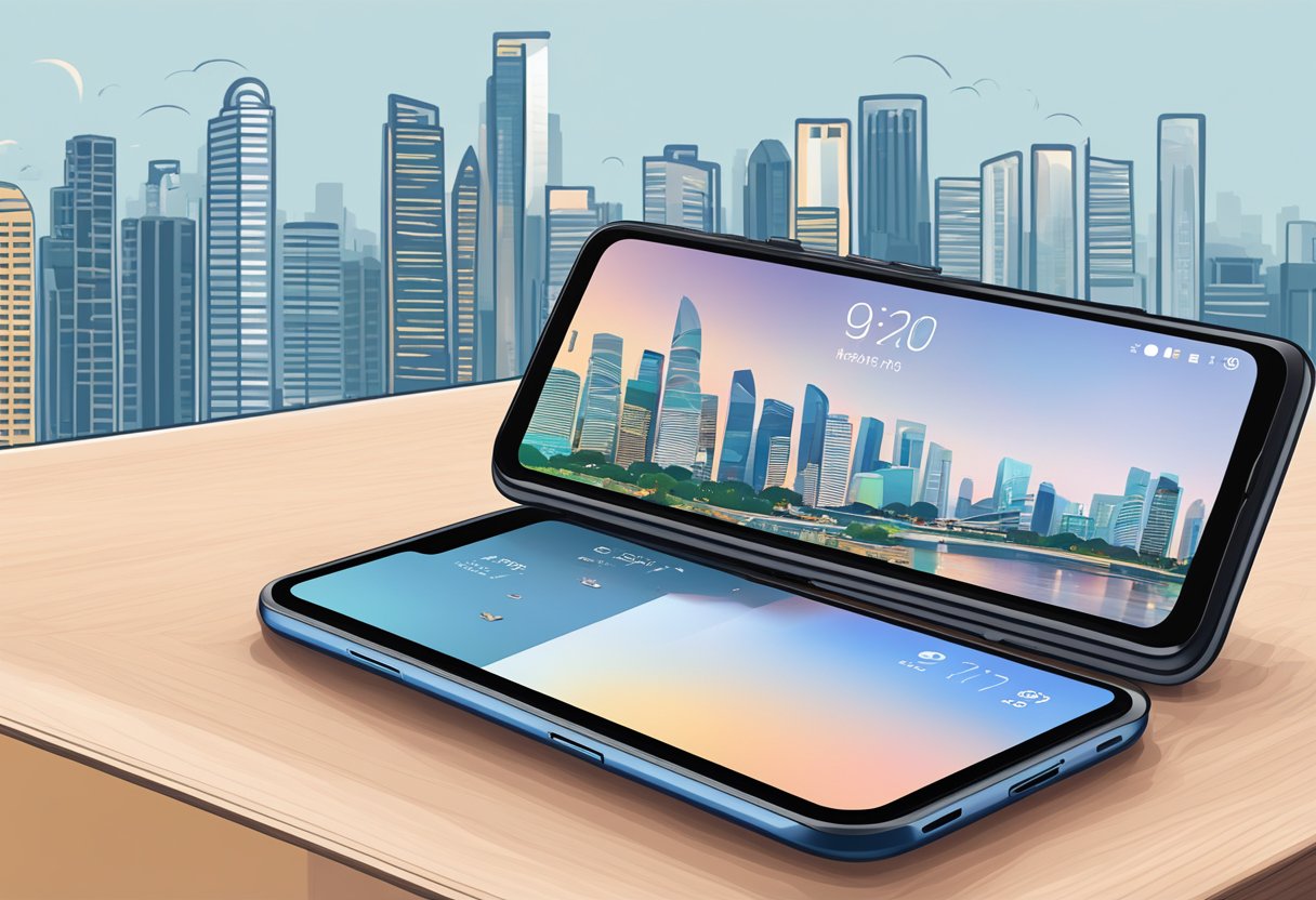 A sleek Pixel 5 phone sits on a table, with Singapore's iconic skyline in the background. The device's hardware and performance features are highlighted in the illustration