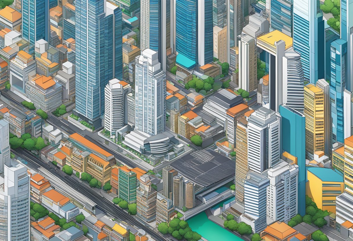 The bustling cityscape of Singapore, with the iconic Tokio Marine building standing tall amidst the modern skyscrapers and vibrant streets below