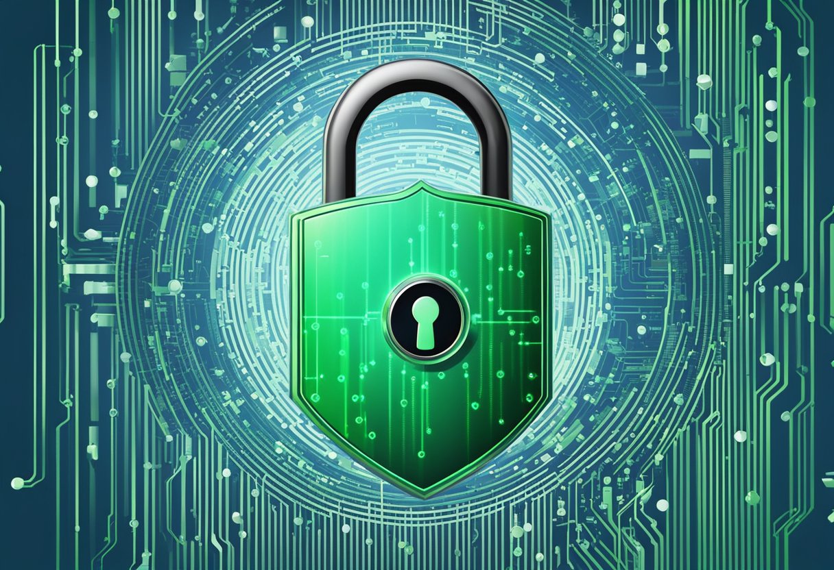 A computer with a lock symbol, shield, and code. Blue and green binary code streams in the background