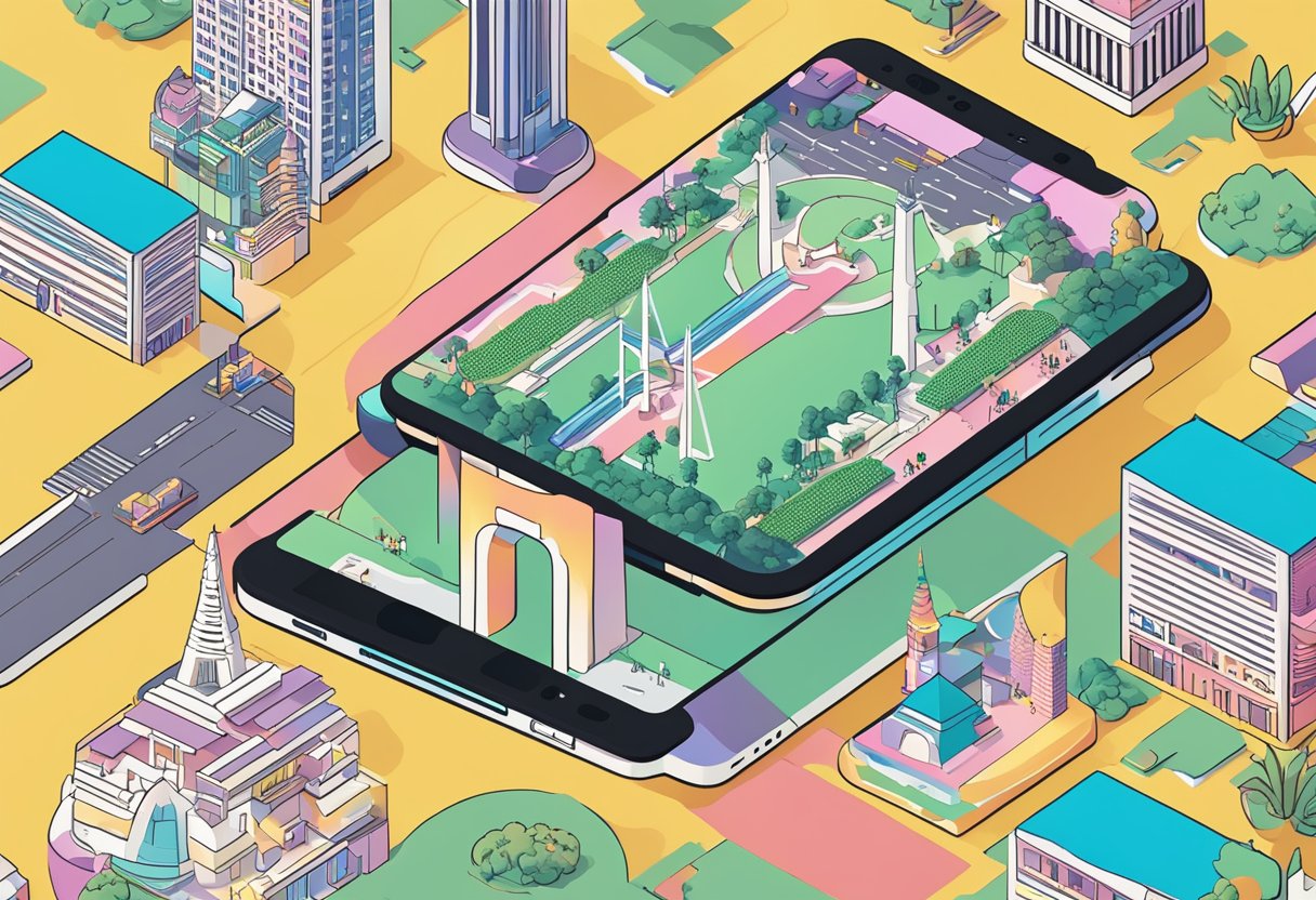 A pixel 5 phone with "Frequently Asked Questions" displayed, surrounded by iconic Singapore landmarks