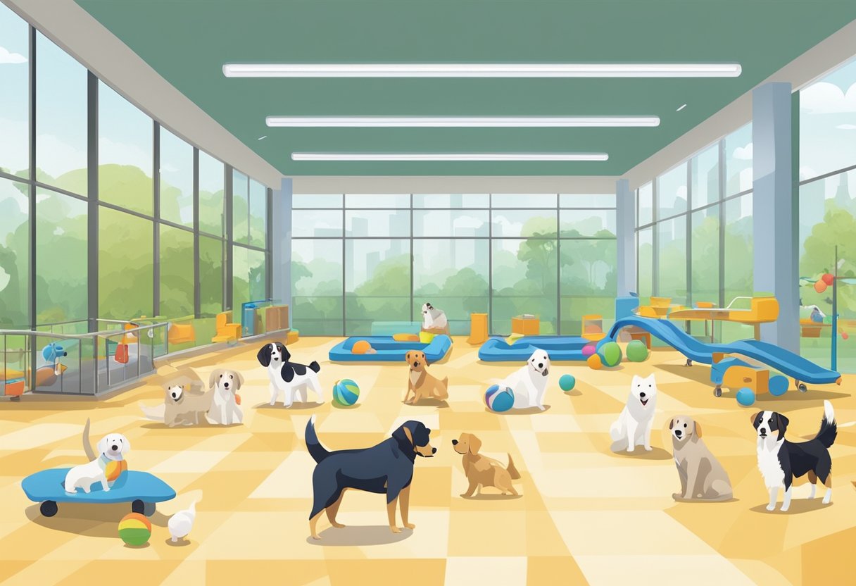 Several dogs playing in a spacious and well-maintained boarding facility in Singapore. The area is clean and brightly lit, with various toys and equipment for the dogs to enjoy