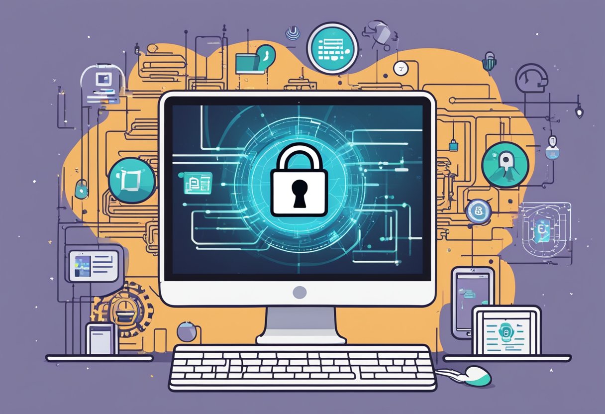 A computer screen displays a Singapore cyber security course logo with a padlock symbol, surrounded by digital code and security icons