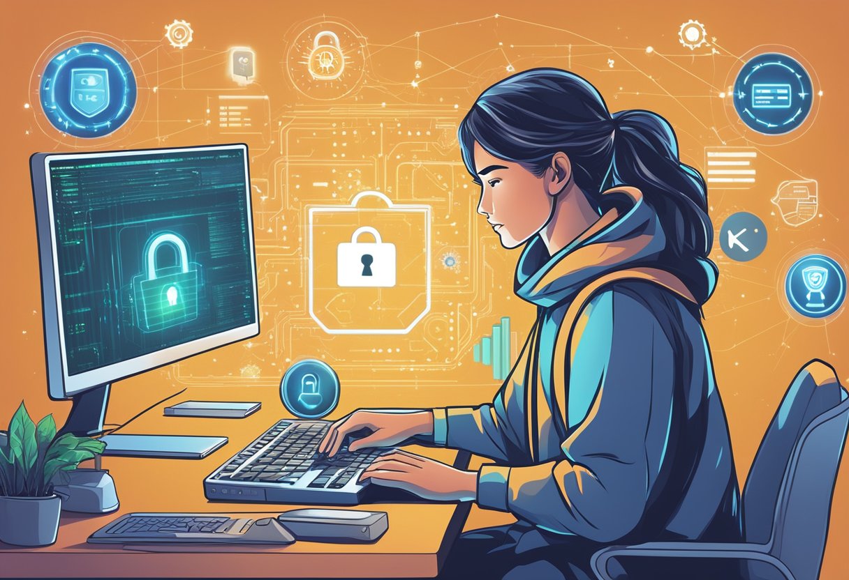 A figure typing on a computer, surrounded by security software logos and a glowing padlock symbol