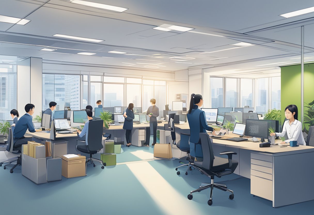 A bustling office setting with employees interacting, and the Tokio Marine Singapore logo prominently displayed on various insurance and financial service products