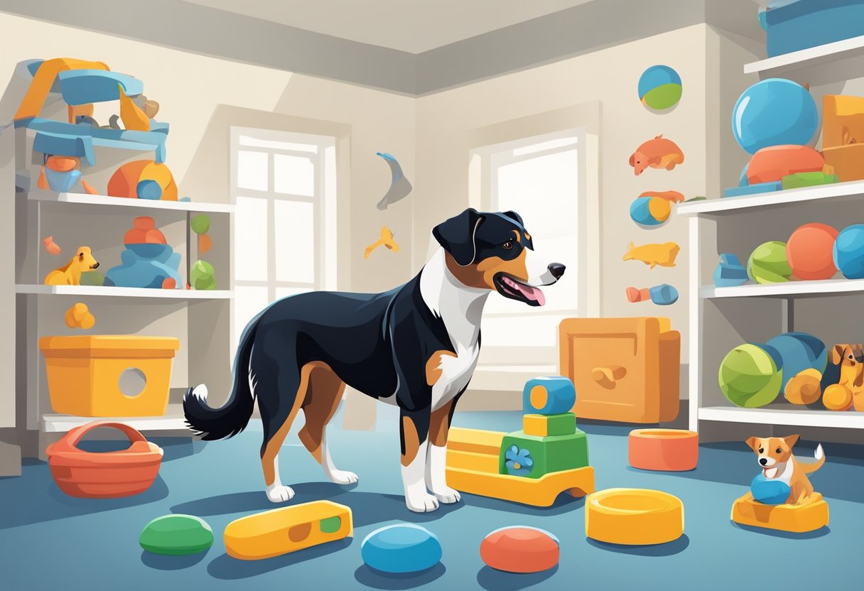 A happy dog playing with toys and other friendly dogs in a spacious and clean boarding facility