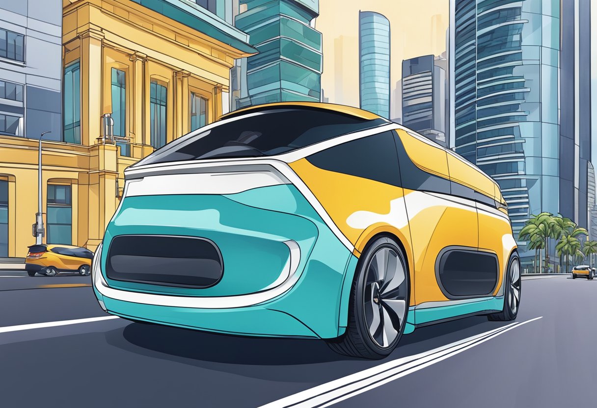 A sleek electric car glides through the bustling streets of Singapore, passing by iconic landmarks and futuristic skyscrapers