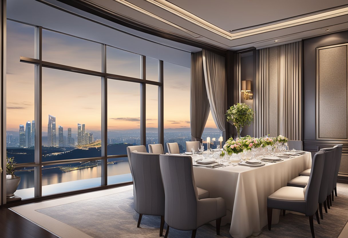 A luxurious private dining room in Singapore with elegant table settings and a panoramic city view