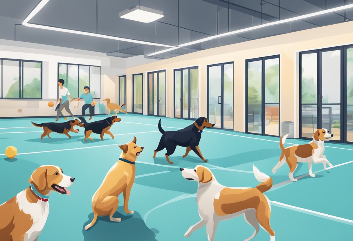 A dog happily playing with other dogs in a spacious and clean boarding facility in Singapore