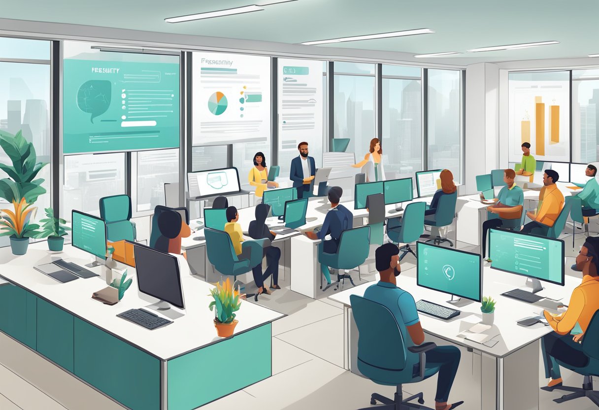 A bright, modern office with a large "Frequently Asked Questions" display on a digital screen, surrounded by a diverse group of employees engaged in conversation and collaboration