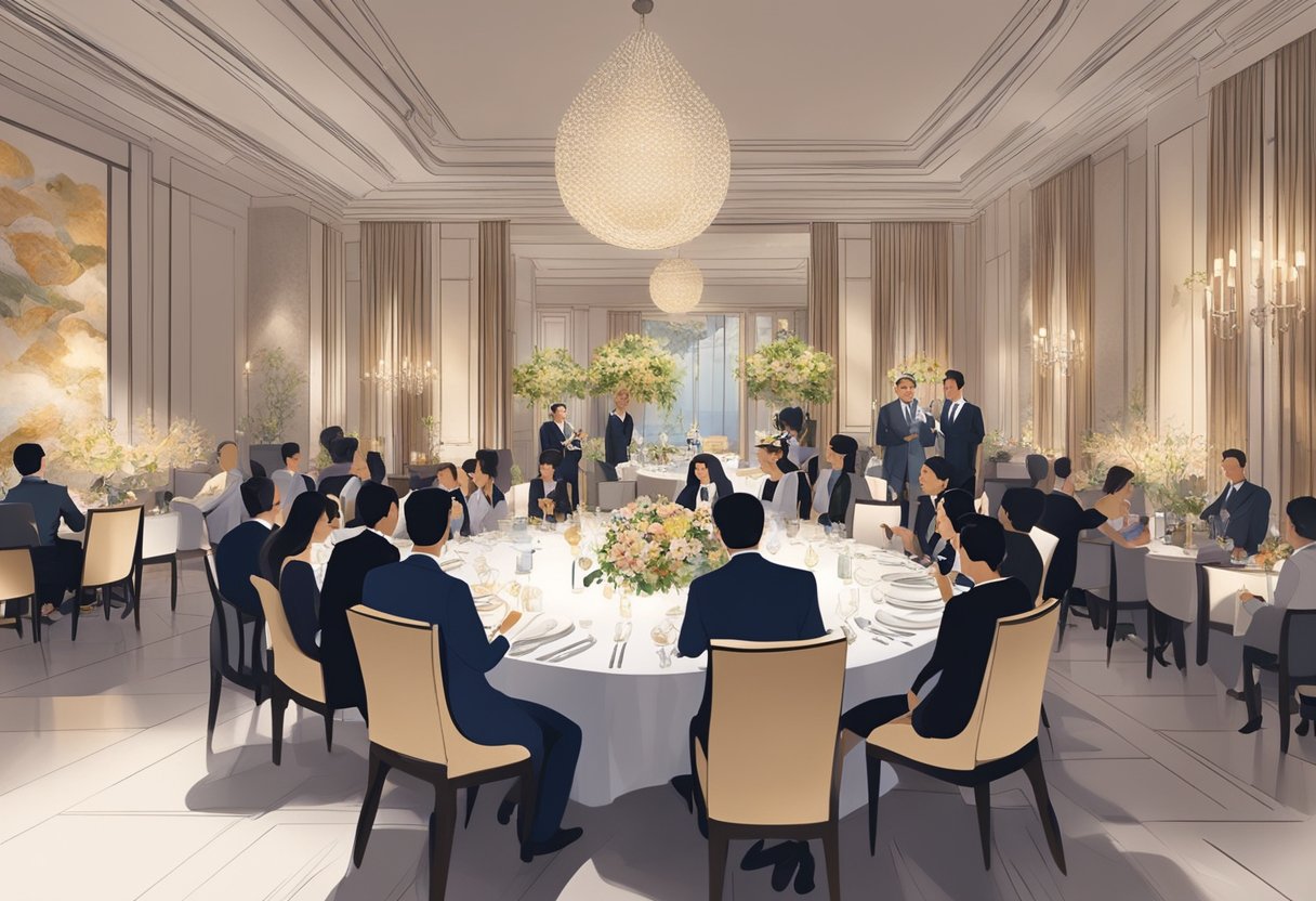 Guests enjoying a private dining experience in a chic Singapore setting, with elegant table settings and ambient lighting