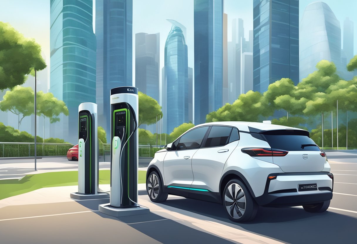 An electric car charging at a sleek charging station in the bustling city of Singapore, surrounded by modern skyscrapers and lush greenery