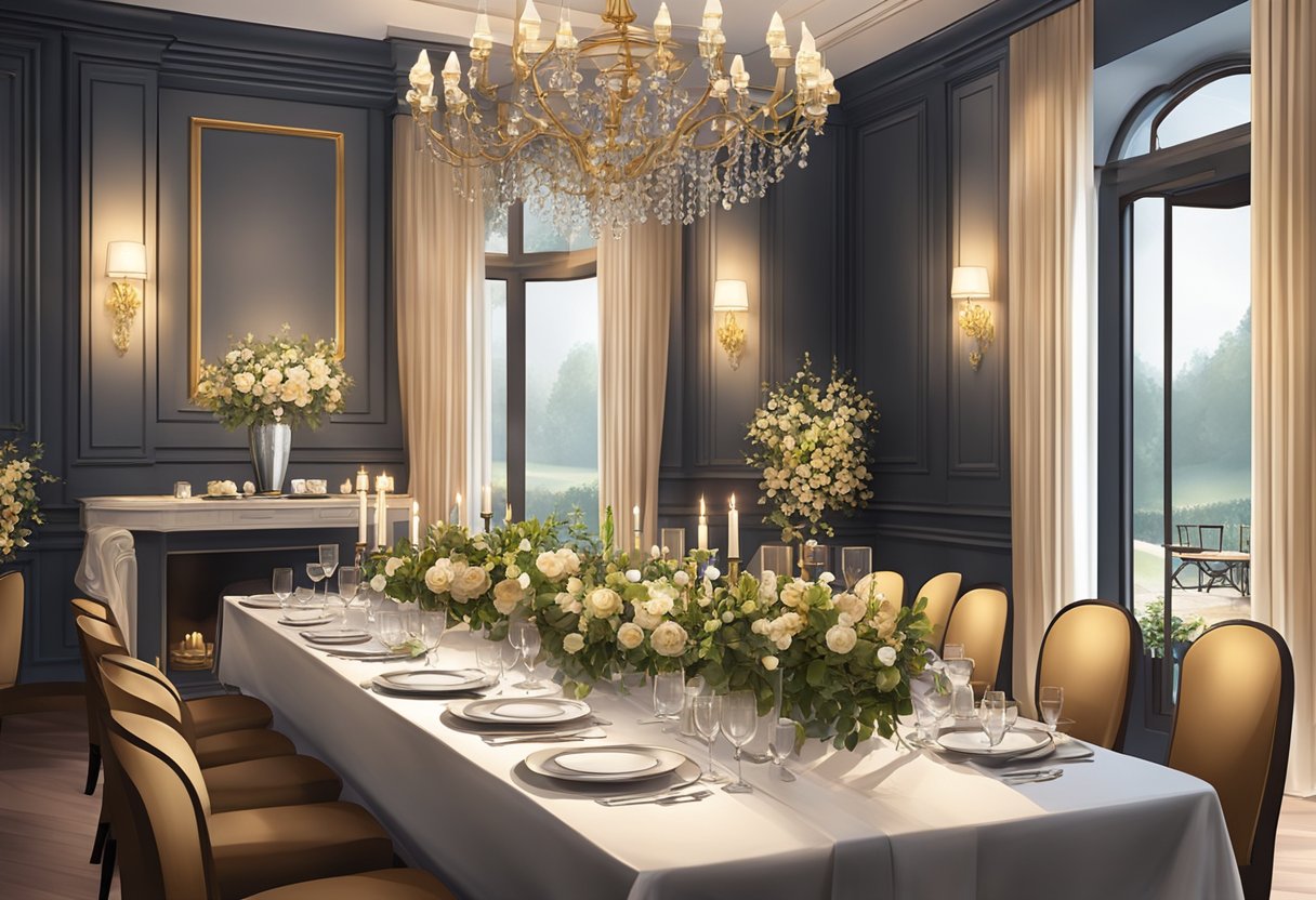 A luxurious private dining room with elegant decor, dim lighting, and a table set for an intimate gathering