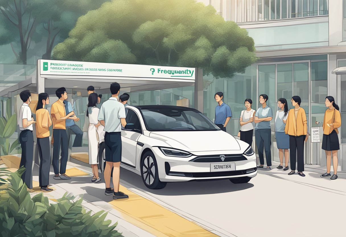 A group of people standing around an electric car, with a sign reading "Frequently Asked Questions" in Singapore