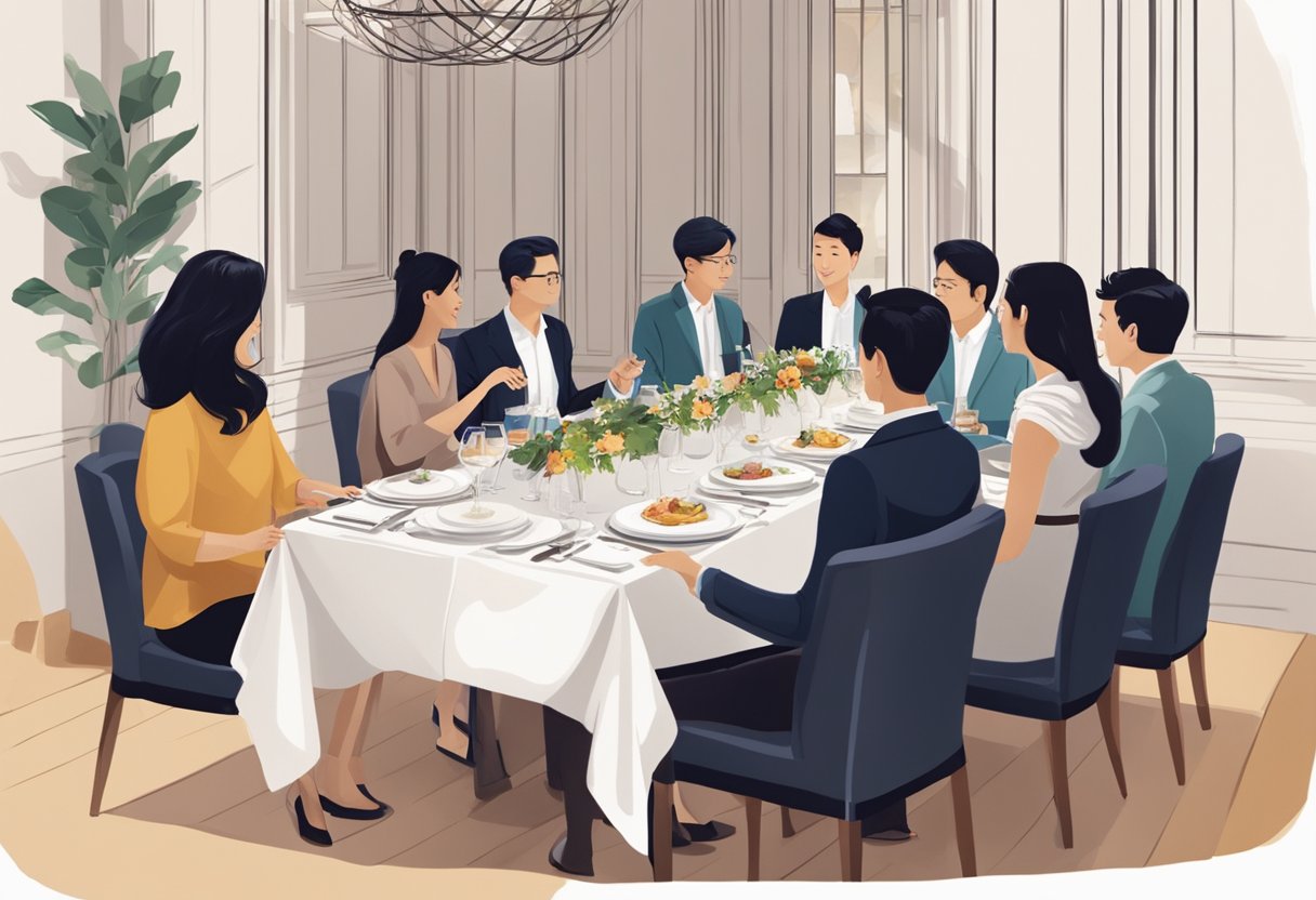 A group of people enjoy a private dining experience in a stylish Singaporean restaurant, with elegant table settings and attentive staff