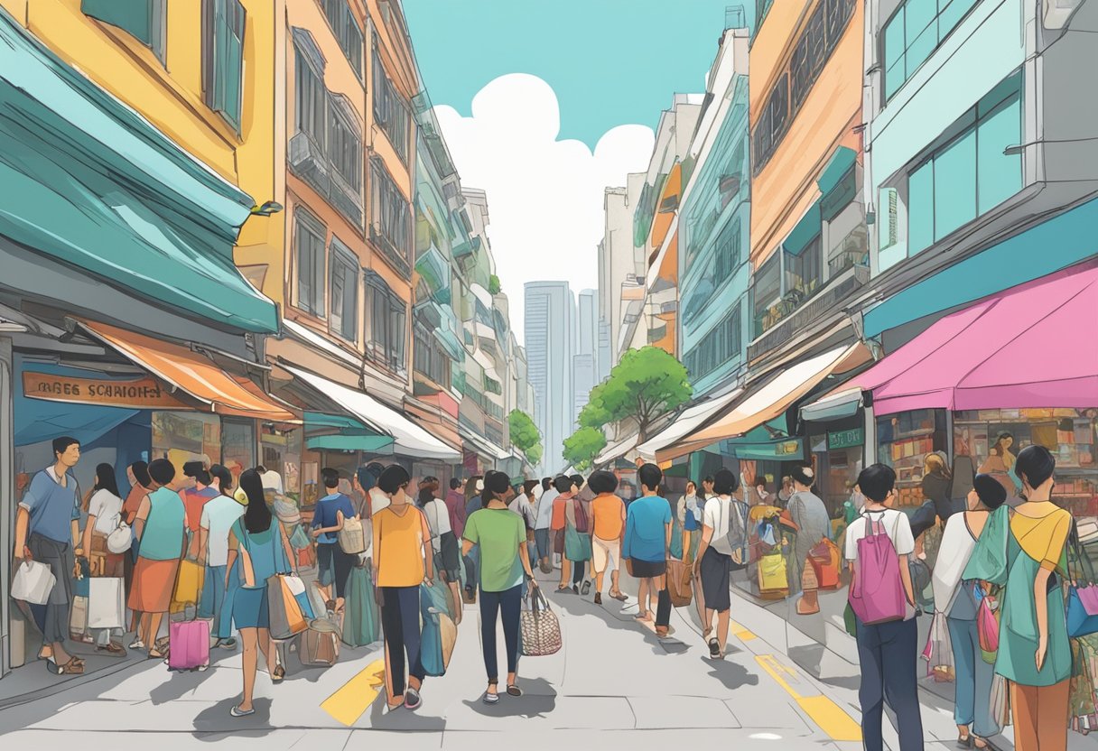 The bustling streets of Refash Singapore, with colorful storefronts and busy shoppers browsing through racks of secondhand clothing